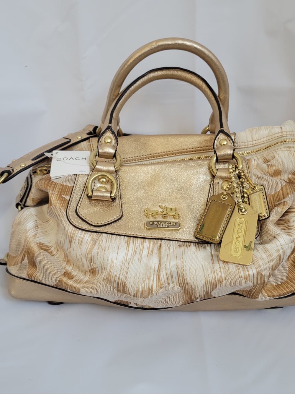 Coach Gold Metallic Ruched Satchel with Gold Hardware